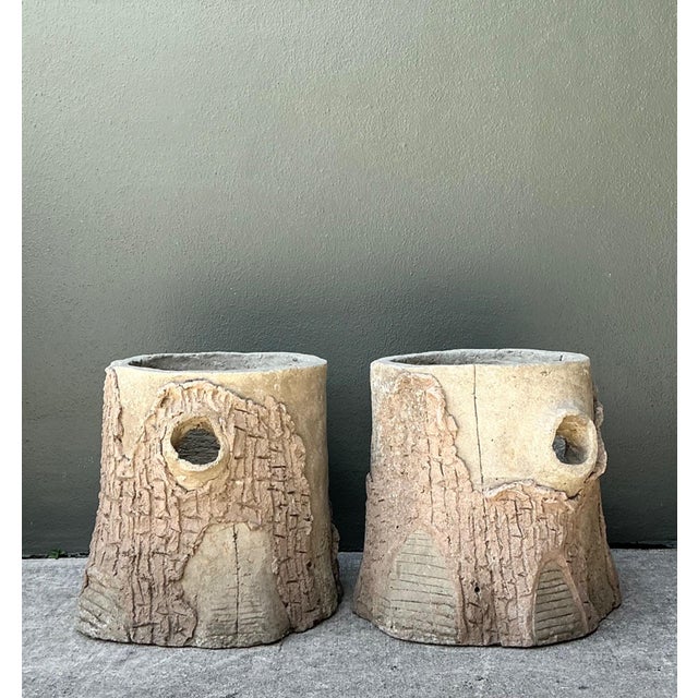 Oyster Gray Handcrafted Faux Bois Cement Planters - A Pair For Sale - Image 8 of 18