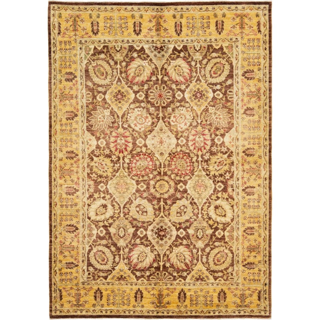 Beautiful hand-Hand-knotted Peshawar wool rug with a rich brown field and intricate floral motifs in cream, red, green,...