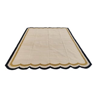 Handmade Cotton Scalloped Rug in Light Yellow With Tan and Black Border - 8x10 For Sale
