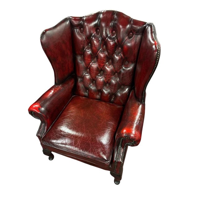 Brown English Chesterfield Wingback Chair with Ottoman, Set of 2 For Sale - Image 8 of 11