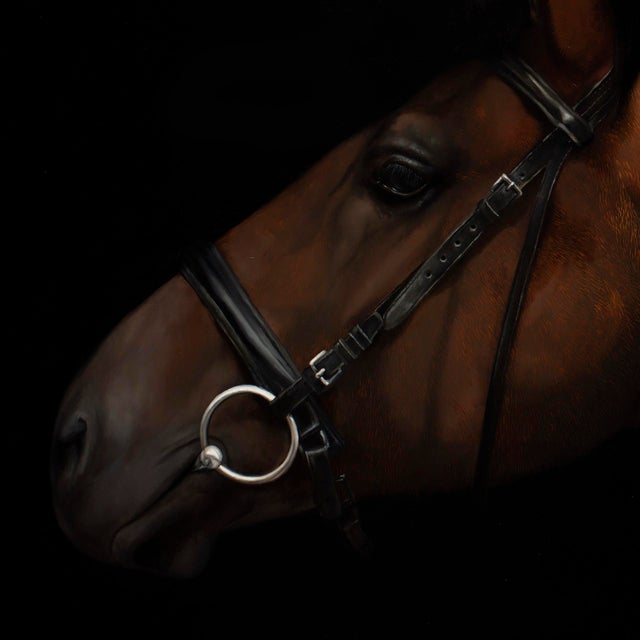 This oil on panel artwork depicts a horse in profile, its muscular form illuminated against a dark background, creating a...