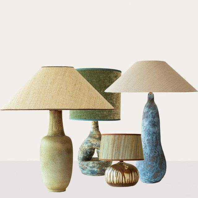 One of the four blue, green and brown ceramic floor table lamps, 1970s. This set brings a rich visual appeal to any...