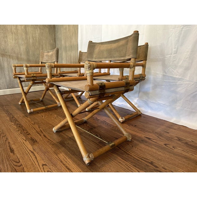 Tan 1980s Set of 4 Vintage McGuire X Director’s Chairs With Rawhide Wraps and Brass Accents, Made in U. S. A. For Sale - Image 8 of 12