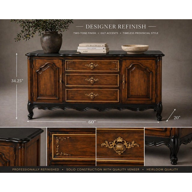 Vintage French Provincial Sideboard Buffet – Black Satin Top & Skirt, Tobacco Wood Finish, Gilt Hardware – 60” Mobile-...