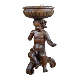18th Century Antique French Hand-Carved Walnut Cherub Plant Stand For Sale