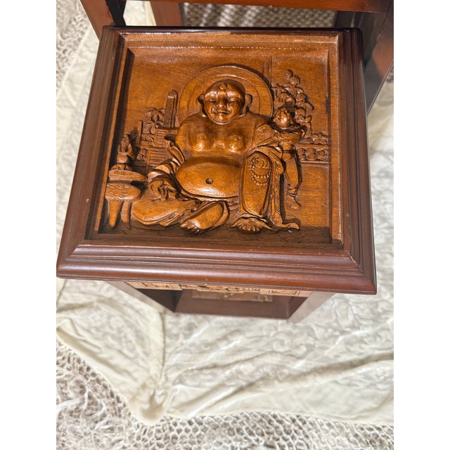 Asian 1950s George Zee & Co. Carved Wood Nesting Tables Set With Glass Tops Buddha For Sale - Image 3 of 12