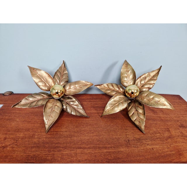 Mid-Century Modern Floral Brass Wall Sconces by Willy Daro for Massive, 1970, Set of 2 For Sale - Image 3 of 14