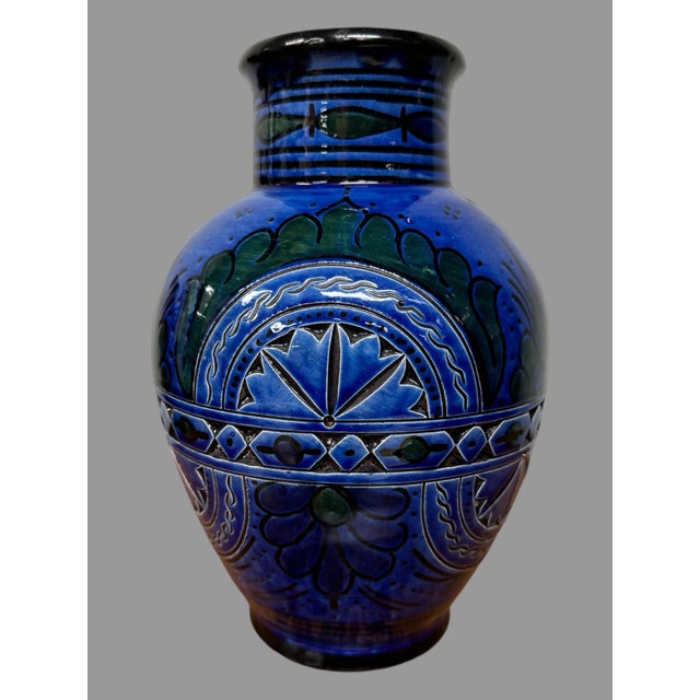 Ceramic Vintage Incised Cobalt Blue Decorated Art Pottery Vase For Sale - Image 7 of 8