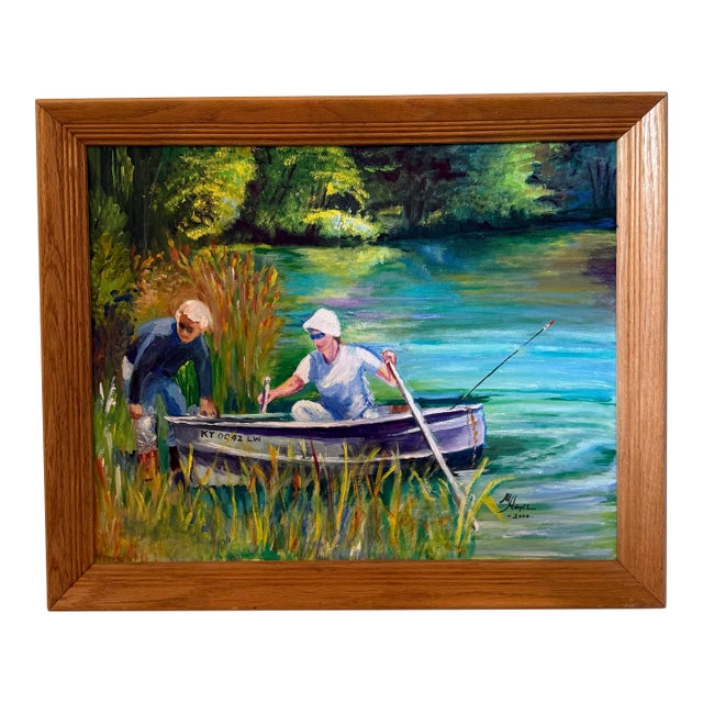 “Marilyn & Mark Fishing” Original Oil Painting by Mellye Hayes, 2000 - Framed Lakeside Scene For Sale