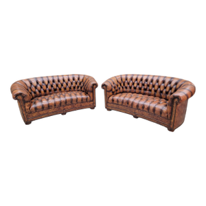 Vintage English Tufted Hand Dyed Distressed Cognac Leather Chesterfield Sofa - Pair
