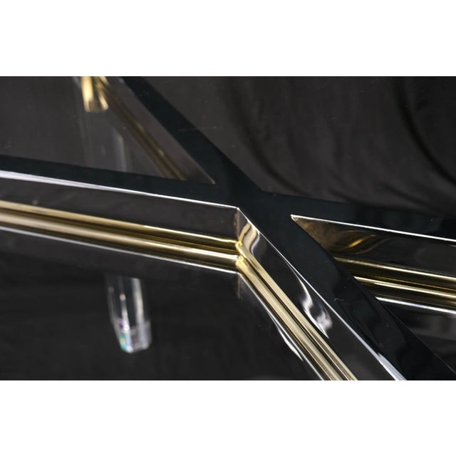 Silver Chrome Brass & Lucite X Shape Base Beveled Glass Top Rectangle Dining Table For Sale - Image 8 of 13