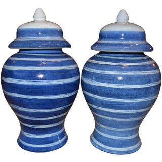 Indigo & White Striped Ginger Jars - A Pair For Sale