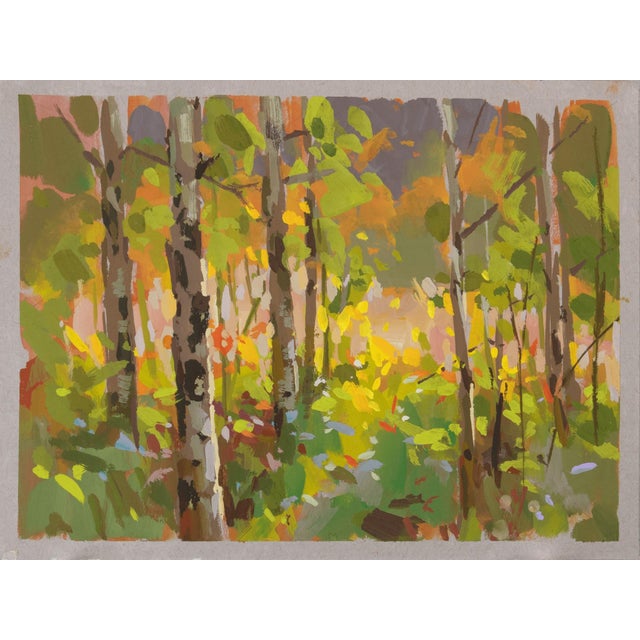 This gouache on paper artwork captures a vibrant forest scene, where the interplay of light and color creates a sense of...