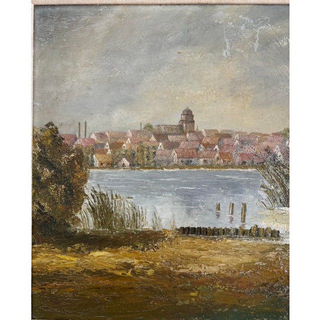 Sky Blue Vintage European Coastal Landscape Oil Painting | Framed Harbor Village Seascape For Sale - Image 8 of 10