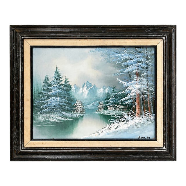 Signed Winter Mountain Lake and Cabin Painting in Dark Wood Frame For Sale