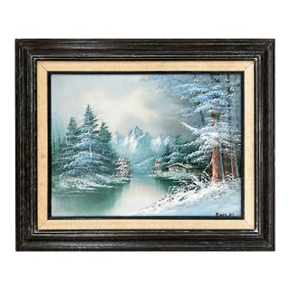 Signed Winter Mountain Lake Landscape Painting With Cabin For Sale
