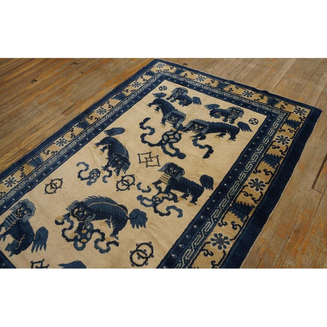 Late 19th Century 1880s Antique Small Blue and Ivory Chinese Ningxia Small Foo Dog Greek Key Rug For Sale - Image 5 of 10