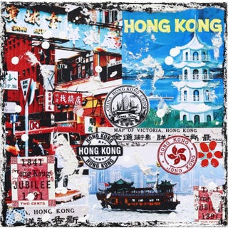 "Hong Kong Skyline" Contemporary Pop Art Cityscape Mixed-Media Painting by Marion Duschletta For Sale