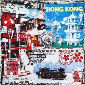 "Hong Kong Skyline" Contemporary Pop Art Cityscape Mixed-Media Painting by Marion Duschletta