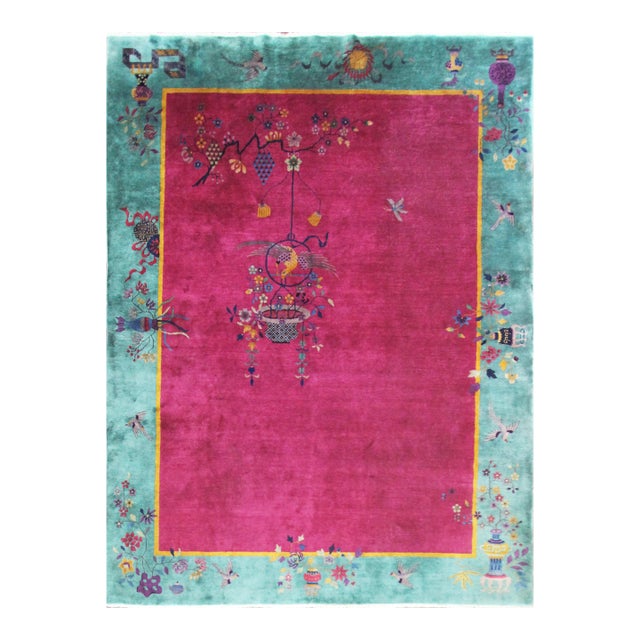 Antique Art Deco Chinese Carpet, the Watch Bird, 8'8" X 11'4" For Sale