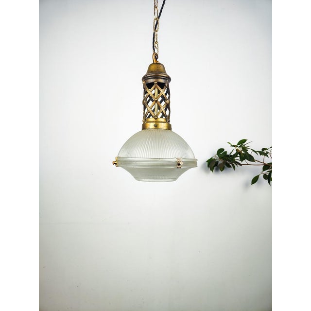 Gold Antique French 2 Part Glass Holophane Pendant Light, 1920s For Sale - Image 8 of 8