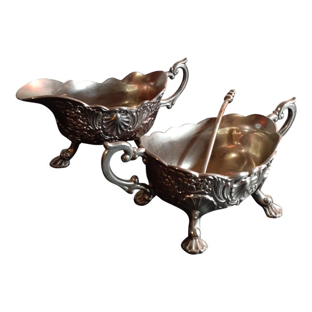 1920s Vintage Condisco Ep Antimony Open Sugar & Creamer Set- 3 Pieces For Sale