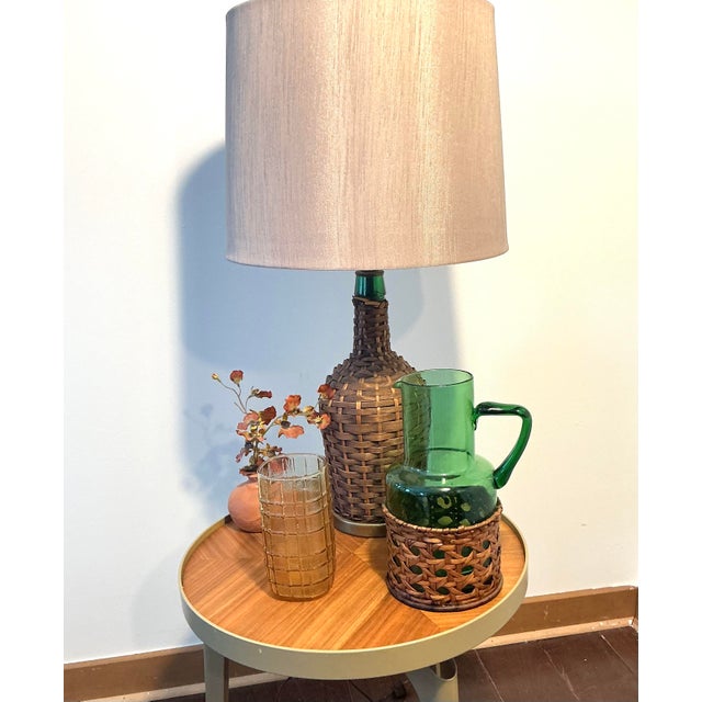 Vintage Green Blown Glass Pitcher With Wicker Basket Wrap – Possibly Empol For Sale - Image 12 of 13