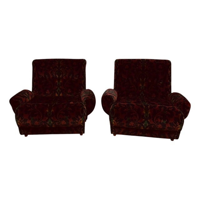 Art Deco Set of Vintage Patterned Velvet Sofa and Two Coordinating Club Chairs For Sale - Image 3 of 14
