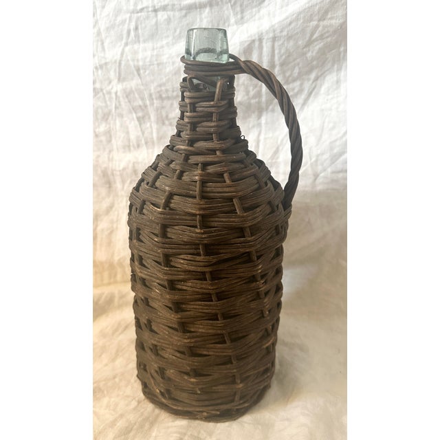 Vintage Wicker Wrapped Aqua Glass Wine Jug For Sale - Image 4 of 4