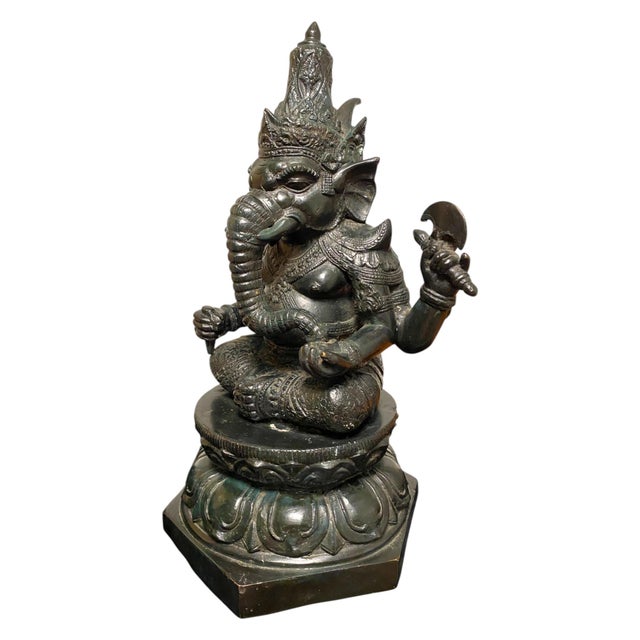 Dark Green Antique Bronze Ganesha Statue Khmer Style Hindu 4-Arm Elephant God Sculpture For Sale - Image 8 of 18