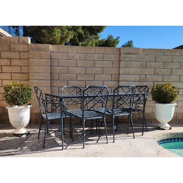 Vintage "Calcutta", classic Chinese Chippendale faux bamboo cast aluminum dining set attributed to Brown Jordan. Durable...