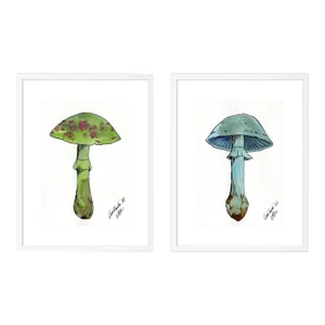 Mushroom Diptych in Green & Blue by Lia Burke Libaire in White Frame, XS Art Prints, Set of 2