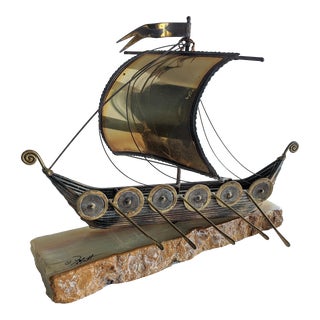 Mid Century John Demott Brutalist Mixed Metal Brass and Silver Viking Ship on Onyx Base Sculpture For Sale