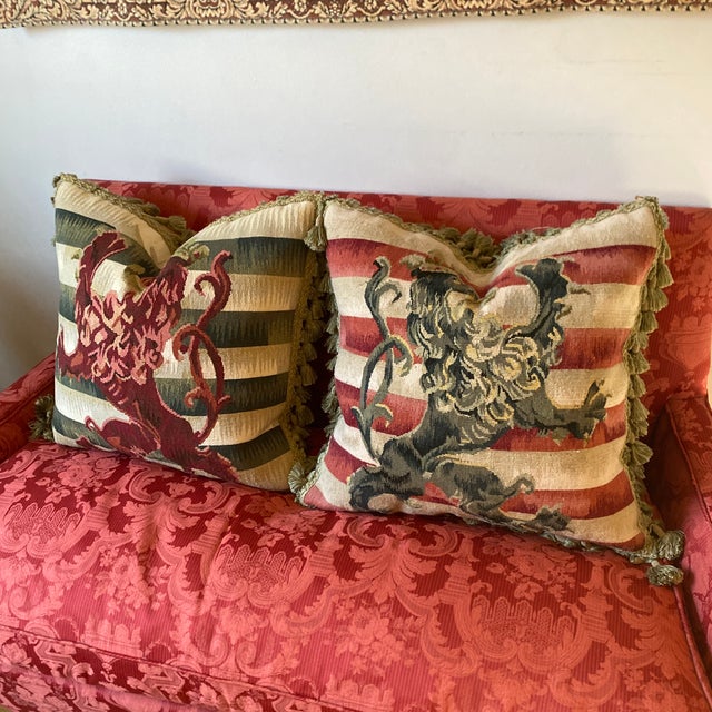 Gothic Contemporary Striped Lion Aubusson Throw Pillows - A Pair For Sale - Image 3 of 9