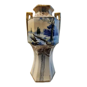 Pre-War Kyoto Ceramics Twin Handled Trapezoid Vase