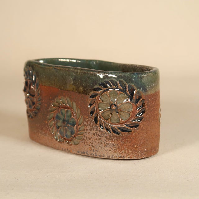 Ceramic 1970s Handcrafted Signed Studio Pottery Floral Relief Ceramic Vessel Cachepot in Earthy Brown & Green Glaze For Sale - Image 7 of 15