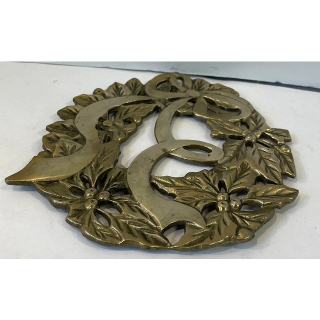 Mid-Century Modern Vintage Brass Holiday Holly and Bows Trivet For Sale - Image 3 of 5