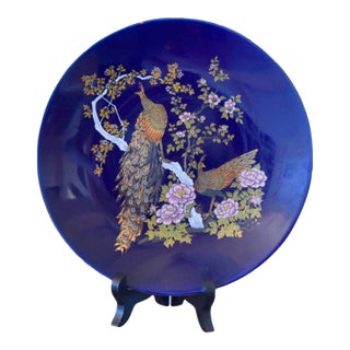Japanese Cobalt Blue Peacock Decorative Plate For Sale