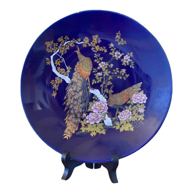 Japanese Cobalt Blue Peacock Decorative Plate For Sale