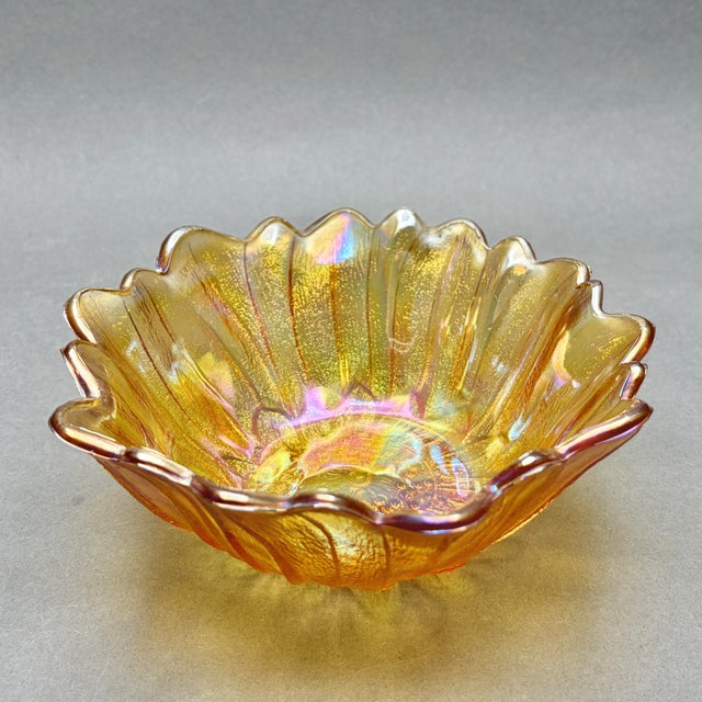 1970s Vintage Indiana Glass Marigold Carnival Glass “Sunflower” Ruffled Bowl For Sale - Image 5 of 9