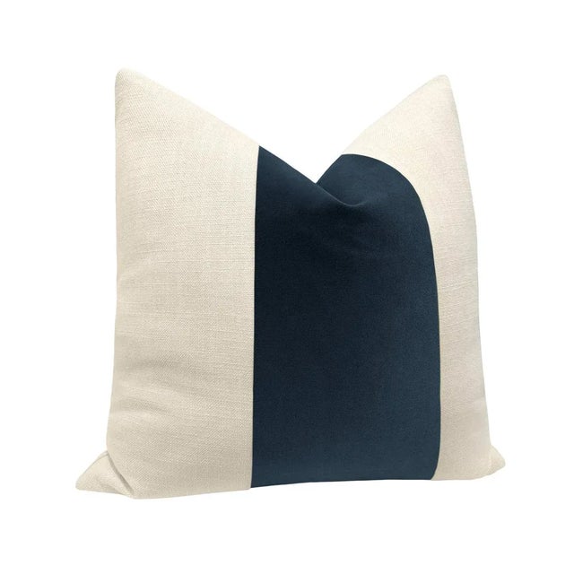 Contemporary 20" Prussian Blue Designer Velvet Panel + Linen Pillows - A Pair For Sale - Image 3 of 4