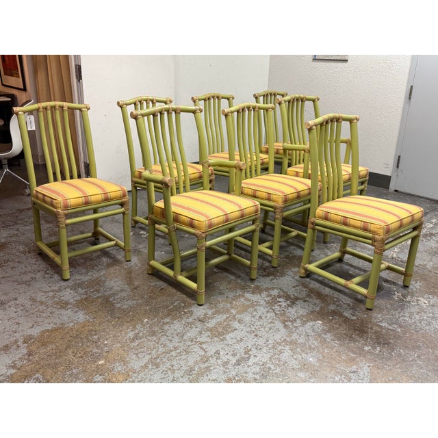 McGuire Furniture Pistachio Bamboo + Leather Dining Table + Set of Eight Chairs For Sale - Image 11 of 12