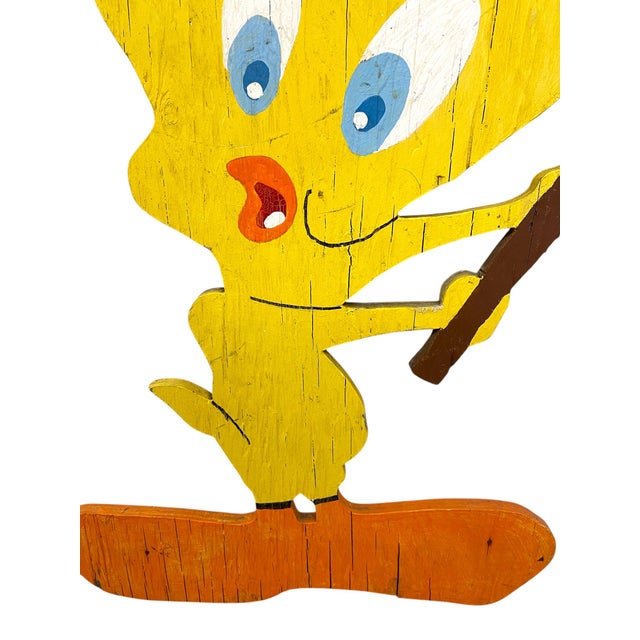 Folk Art Vintage Hand-Painted Tweety Bird Wooden Cutout Sign With Mallet For Sale - Image 3 of 11