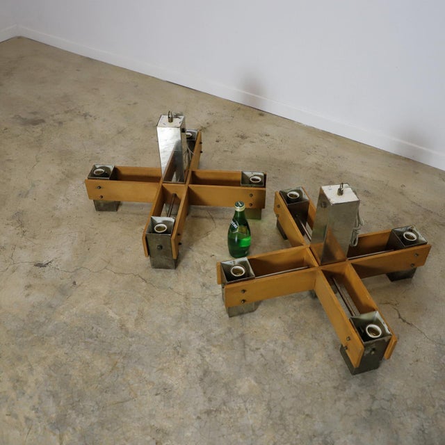 Pair of Mid Century Modern Wood & Chrome Hanging Chandeliers For Sale - Image 13 of 18