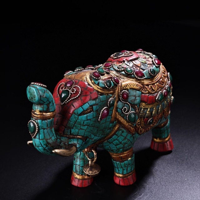 Vintage Himalayan Bronze Elephant Statue With Turquoise & Gemstone Inlay For Sale - Image 4 of 9