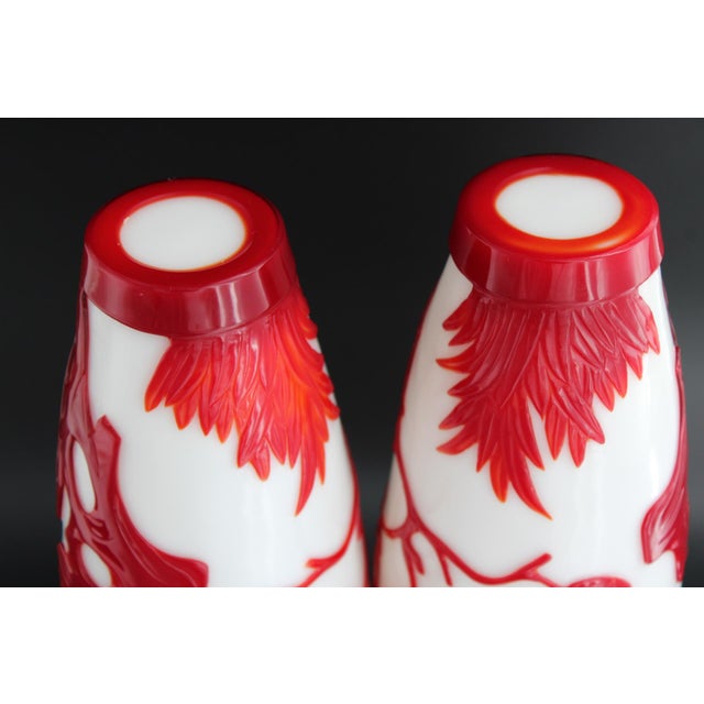 Glass Antique Pair of Chinese Peking Glass Vases W/ Birds & Lotus Flowers, C1900, 10” For Sale - Image 7 of 14