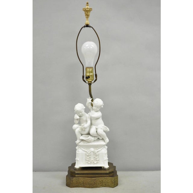 Antique French Parian Bisque Porcelain White Double Cherub & Shell Table Lamp For Sale - Image 13 of 13