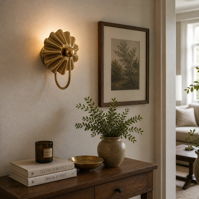 Brass Vintage Brass Wall Sconce Light, Handmade Antique Brass Flower Wall Lamp, Mid Century Shell Sconce Bedroom Bedside Hallway Entryway Lighting For Sale - Image 8 of 13