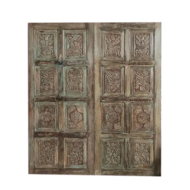 Wood Vintage Green Artisan Carved Door – Reclaimed Wood Barn Door Wall Panel 80x36 For Sale - Image 7 of 8