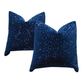 Custom 22" Navy Patterned Velvet Pillows - a Pair For Sale